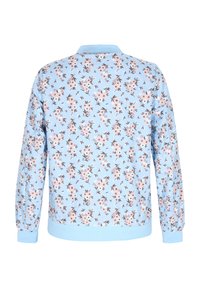 Hanorac de culoare albastru deschis, decorat cu un model floral în nuanțe de roz, alb și maro. Manșete și tiv cu model ribatat, având un guler plat.