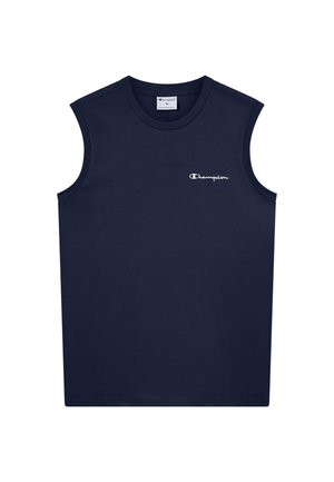 Marineblaues ärmelloses Shirt der Marke Champion mit kleinem weißem Logo auf der oberen linken Brust, Rundhalsausschnitt und mittlerem Größenetikett im Kragen.