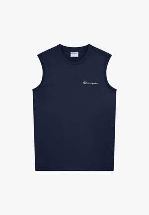 Marineblaues ärmelloses Shirt der Marke Champion mit kleinem weißem Logo auf der oberen linken Brust, Rundhalsausschnitt und mittlerem Größenetikett im Kragen.