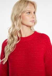 Maglione rosso lavorato a maglia con scollatura rotonda e rifiniture a coste. Il tessuto testurizzato ha una leggera lucentezza, caratterizzato da motivi di maglia allentata.