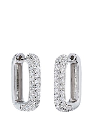 Rectangular silver hoop earrings encrusted with multiple small round clear gemstones on front surface.