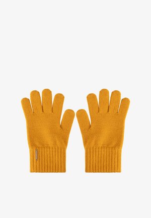 Rękawiczki dziergane w jaskrawym, musztardowym kolorze. Posiadają ściągacze na nadgarstkach i pięciopalczasty krój. Wykonane z miękkiego, teksturowanego materiału.