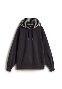 Zwarte hoodie met een gestreepte capuchon, trekkoord en elastische manchetten. Beschikt over een zachte textuur en een logodetail aan de voorkant van de zoom.