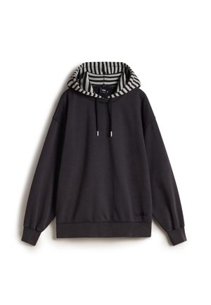 Black sweatshirt with a striped hood, drawstring, and elastic cuffs. Features a soft texture and logo detail on the front hem.