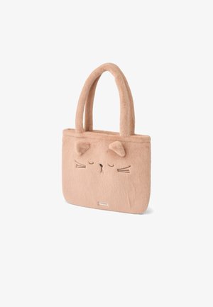 Bolso tote beige suave con diseño de cara de gato, con orejas, ojos cerrados, bigotes y dos asas acolchadas.