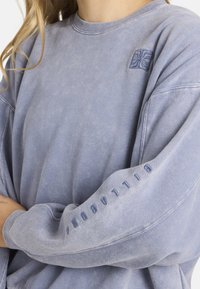 Sudadera oversized en azul claro, hecha de una tela suave, con un logo texturizado en el pecho y el nombre de la marca bordado a lo largo de la manga.