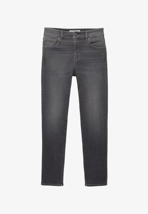 Jeanși din denim gri cu o croială dreaptă, cinci buzunare, decolorare subtilă și cusături contrastante. Închidere cu nasture și fermoar în față.