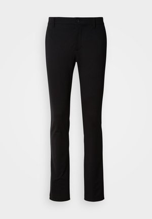 Black trousers made of smooth fabric, featuring a button closure, belt loops, and a straight-leg design. No visible patterns or accents.