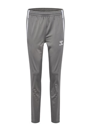 Graue Sporttrackpants mit weißen Seitstreifen, elastischem Bund und kleinem weißen Hummel-Logo auf dem linken Oberschenkel.