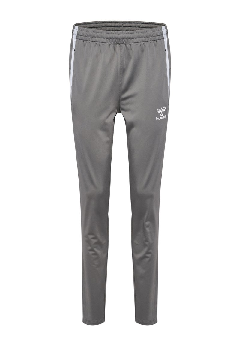 Pantalons de jogging gris avec des rayures blanches sur les côtés, taille élastique et petit logo hummel blanc sur la cuisse gauche.