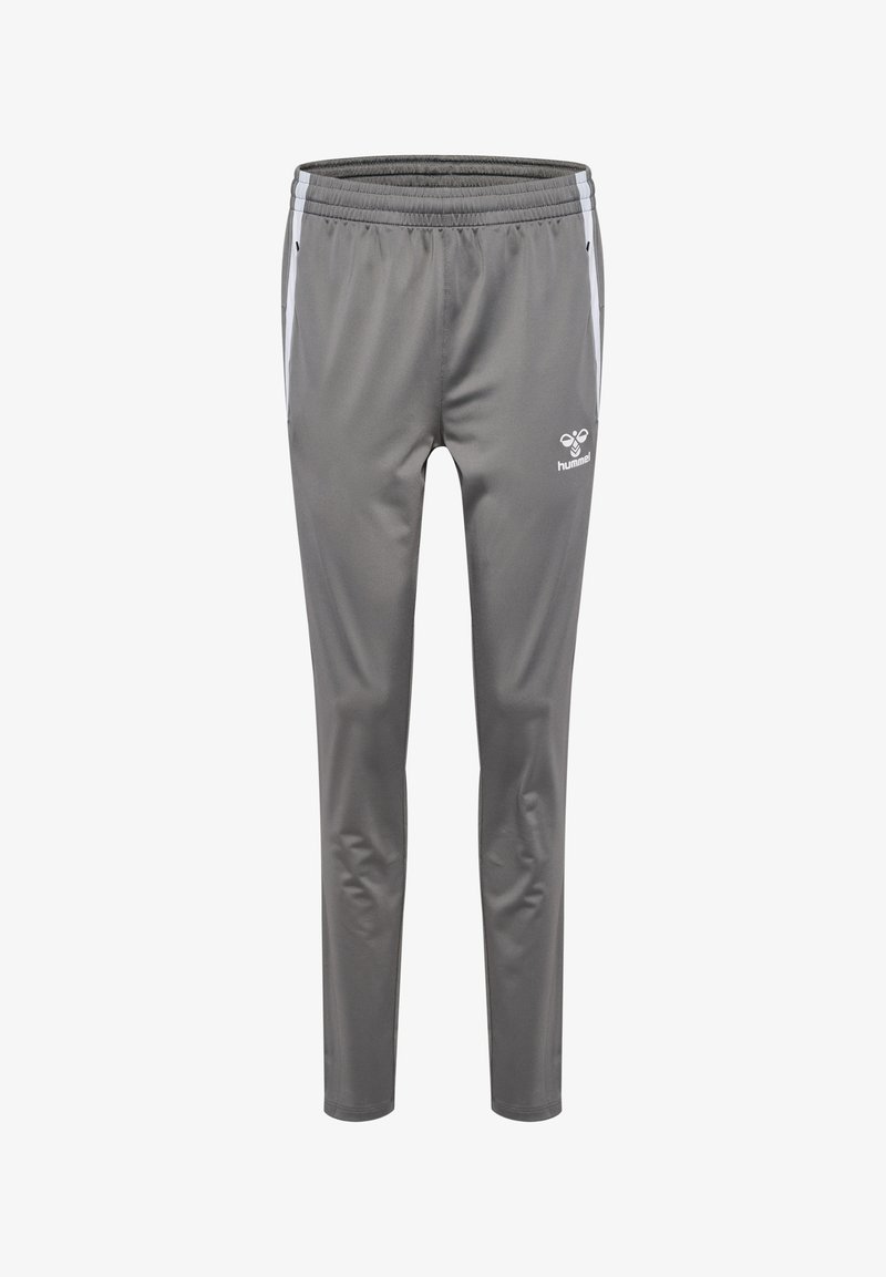Graue Sporttrackpants mit weißen Seitstreifen, elastischem Bund und kleinem weißen Hummel-Logo auf dem linken Oberschenkel.
