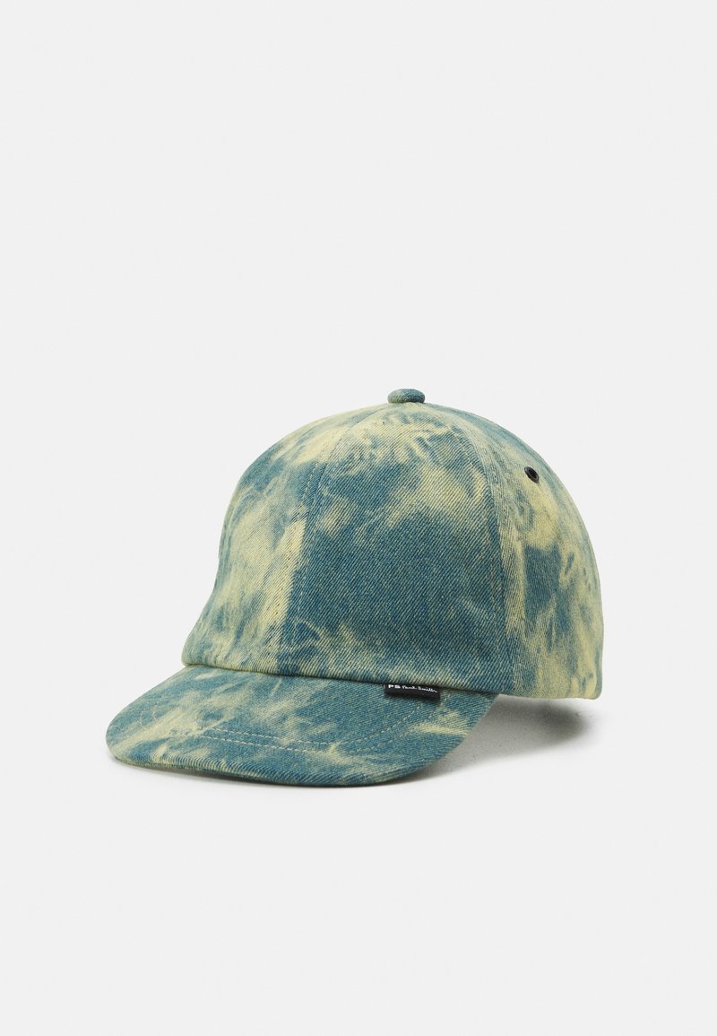 Casquette de baseball bleu et beige à motif tie-dye avec une visière incurvée, un bouton sur le dessus et une petite étiquette noire sur le bord avant de la visière.