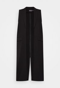 Černá vesta bez rukávů z hladké látky, s výřezovým klopovým límcem, otevřeným předním dílem a dvěma bočními kapsami. Střižený silueta.