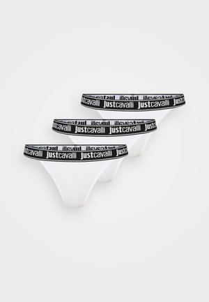 Czarny krótki top z szerokim elastycznym pasem z logo "justcavalli"; zestawiony z białym dołem bikini, również z pasem z akcentem logo.