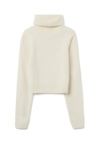 Cream-colored cropped sweater with a ribbed turtleneck and ribbed cuffs, made from soft knit material, featuring a smooth texture.