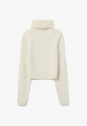 Crème-kleurige cropped trui met een geribde col en geribde manchetten, gemaakt van zacht gebreid materiaal, met een gladde textuur.