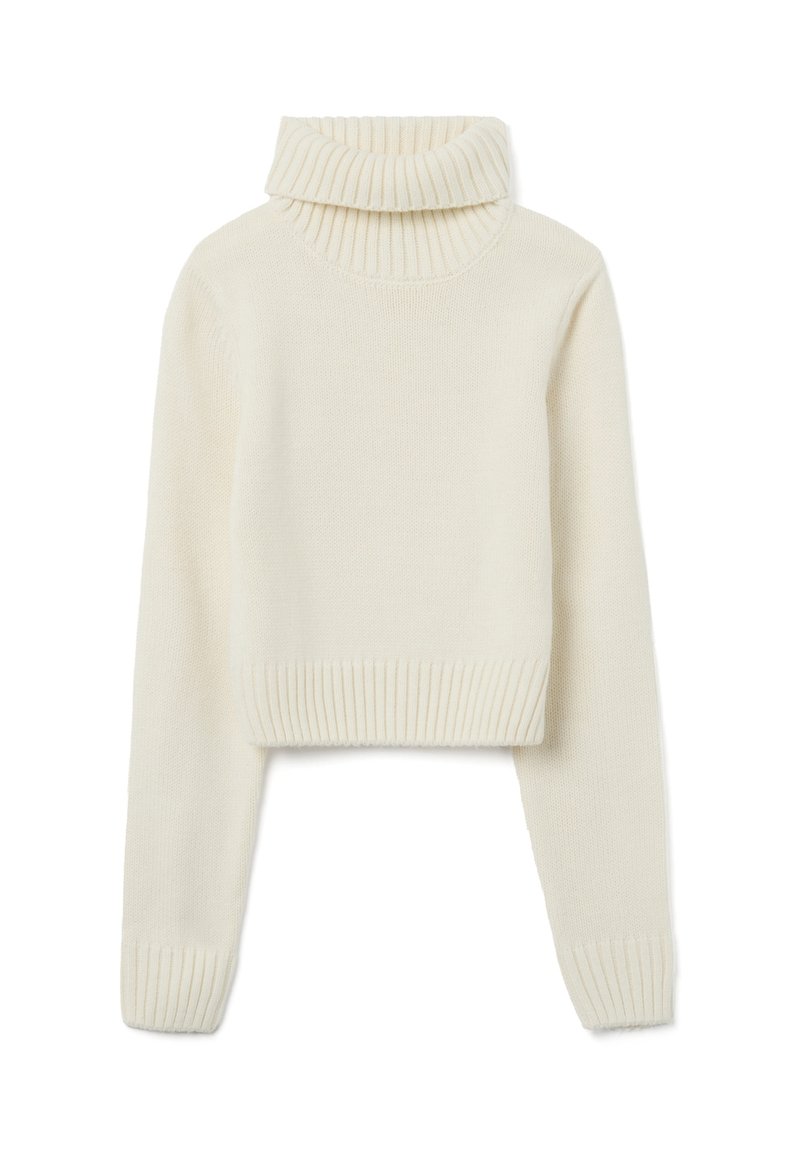 Cream-colored cropped sweater with a ribbed turtleneck and ribbed cuffs, made from soft knit material, featuring a smooth texture.