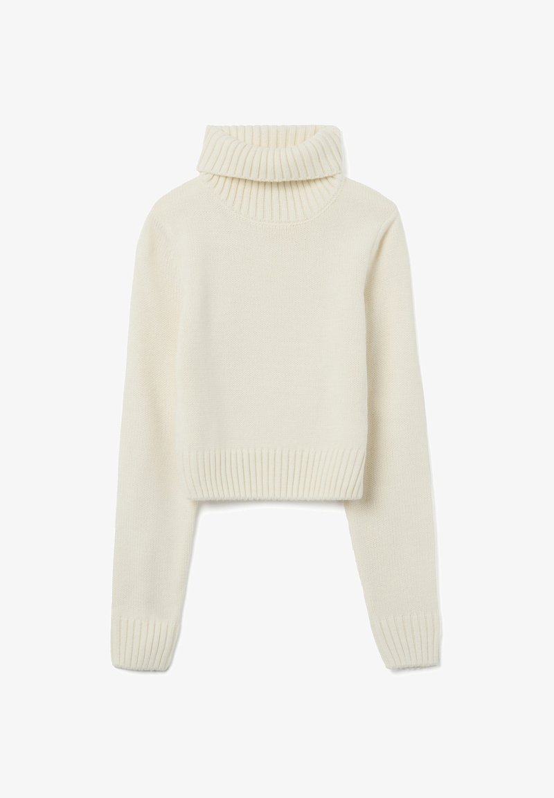 Cream-colored cropped sweater with a ribbed turtleneck and ribbed cuffs, made from soft knit material, featuring a smooth texture.