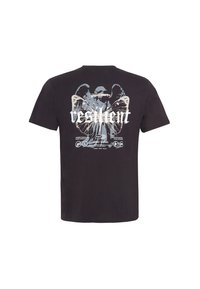 Camiseta de algodón negra con un gráfico de mariposa en azul y blanco, con la palabra "resiliente" destacada. Manga corta, cuello redondo.