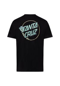Schwarzes Baumwoll-T-Shirt mit einem großen, bunten "Santa Cruz"-Grafikdesign mit einem UFO und Kettendesign auf dem Rücken. Kurze Ärmel, Rundhalsausschnitt.