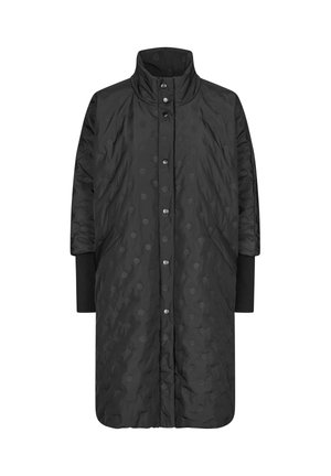 Cappotto quiltato nero con collo alto, bottoni a pressione e texture a pois. Presenta tasche laterali e polsini a coste per un calore aggiuntivo.