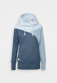 Felpa con cappuccio caratterizzata da un design triangolare in diverse tonalità di blu, con un cappuccio in un tessuto testurizzato di un blu chiaro a motivo e cordini regolabili.
