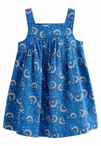 Sininen puuvillamekko, jossa on hihaton muotoilu, tuulettuva yläosa ja valkoisia ja purppuraisia kukkakuosisia yksityiskohtia, jossa on suora kaula-aukko.