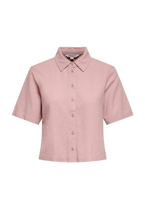 Růžová košile s krátkým rukávem na knoflíky, s límečkem, zkráceným lemem a viditelnou značkou „ONLY“ uvnitř výstřihu.