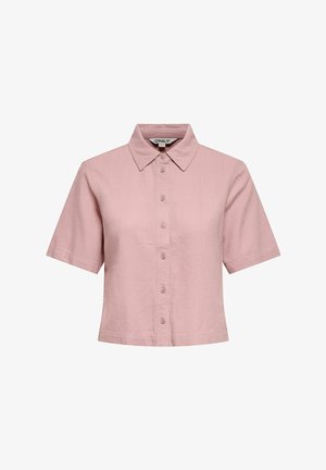 Růžová košile s krátkým rukávem na knoflíky, s límečkem, zkráceným lemem a viditelnou značkou „ONLY“ uvnitř výstřihu.