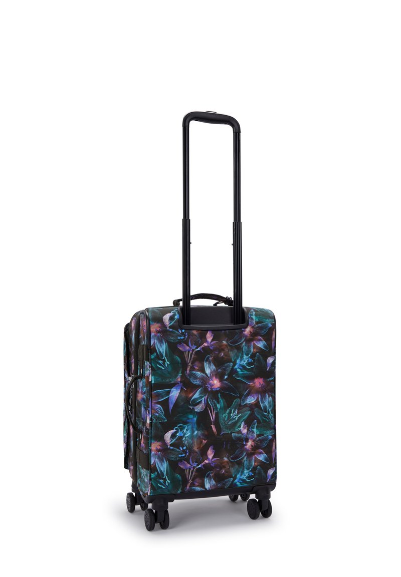 Valise rigide avec un motif floral vibrant en noir, violet et turquoise. Équipée d'une poignée rétractable et de quatre roues pour une mobilité facile.