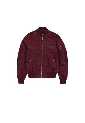 Burgundy bomber jacket with a zip front, side pockets, ribbed cuffs, and decorative patch on the sleeve; smooth, shiny fabric.