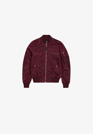 Giacca bomber color bordeaux con cerniera frontale, tasche laterali, polsini a costine e toppa decorativa sulla manica; tessuto liscio e lucido.