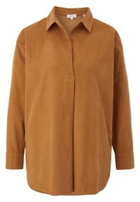 Chemise marron en velours côtelé à manches longues avec col et boutons cachés sur le devant, avec une coupe décontractée et un ourlet arrondi.