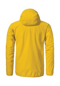 Gelbe wasserdichte Jacke mit Kapuze, die eine glatte Textur, lange Ärmel und ein tailliertes Design aufweist, geeignet für den Außeneinsatz.