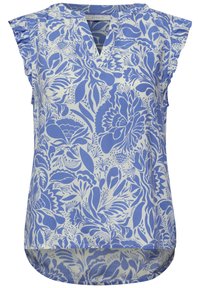 Blouse sans manches avec motif floral bleu et blanc, col en V et manches courtes à volants, légèrement plus longue à l'arrière.