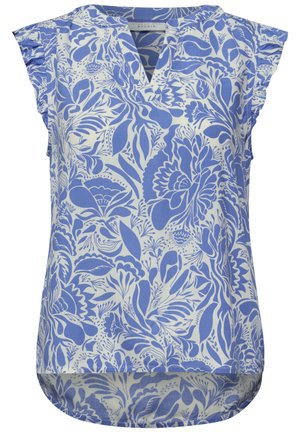Blouse sans manches avec motif floral bleu et blanc, col en V et manches courtes à volants, légèrement plus longue à l'arrière.