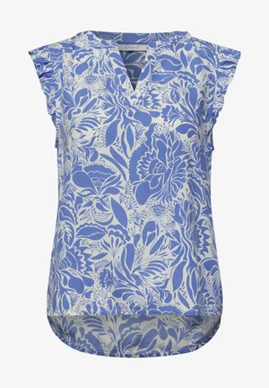 Mouwloze blouse met blauw-wit bloemenpatroon, V-hals en gerimpelde korte mouwtjes, iets langer aan de achterkant.