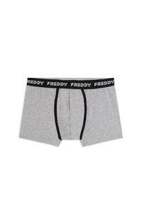 Calzoncillos bóxer de algodón gris con una cinturilla elástica negra que presenta el nombre de la marca "FREDDY" en letras blancas. Diseño estándar de calzoncillo con abertura de bragueta.