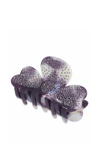 Fermaglio per capelli a farfalla viola con finitura lucida, caratterizzato da strass trasparenti sulle ali e molteplici denti di presa per una tenuta sicura.