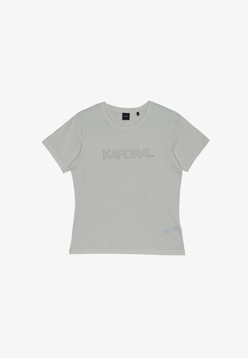 Camiseta blanca de algodón con mangas cortas, que presenta un logo texturizado "KAPORAL" en el pecho y una pequeña etiqueta en el lateral.
