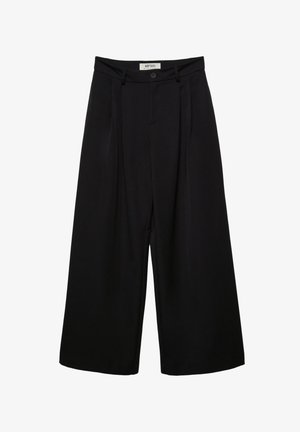 Crne široke hlače s visokim strukom, s prednjim nabranim detaljima, dva bočna džepa i zatvaranjem na gumb. Glatka tekstura tkanine.