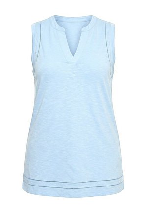 Dámské svetříkové tílko světle modré barvy bez rukávů s výstřihem do V a dekorativním prošíváním podél průramků a lemu.