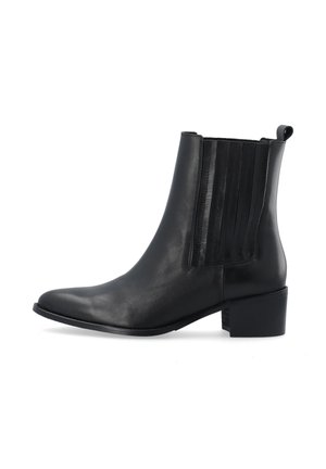 Schwarzer Leder-Stiefelette mit niedrigem Blockabsatz, elastischem Seitenteil und Zuglasche hinten.