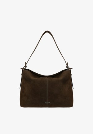 Borsa a tracolla in suede marrone con una parte superiore curva, cinturino regolabile e dettaglio con cerniera. Presenta un logo discreto sul davanti, che mette in risalto una texture morbida.