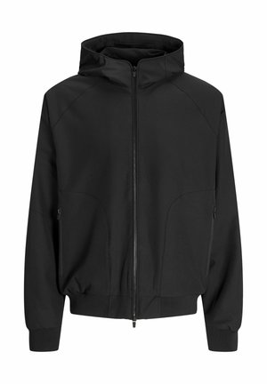 Schwarze Kapuzenjacke mit Reißverschluss, Raglanärmeln, seitlichen Taschen und elastischen Bündchen. Hergestellt aus glattem Stoff mit lockerer Passform.
