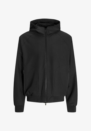 Čierna kapucňová bunda so zipsom vpredu, raglánovými rukávmi, bočnými vreckami a elastickými manžetami. Vyrobená z hladkej tkaniny s voľným strihom.