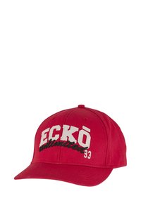Red baseball cap with a curved brim, featuring white and black "ECKŌ unlimited 93" lettering on the front. Made of fabric, textured surface.