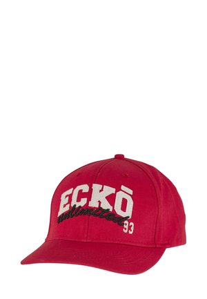 Rode baseballpet met een gebogen klep, voorzien van witte en zwarte opschrift "ECKŌ unlimited 93" aan de voorkant. Gemaakt van stof, met een gestructureerd oppervlak.
