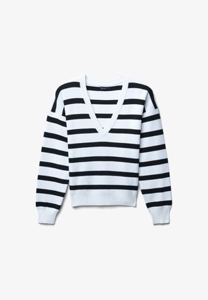Maglione bianco a V con strisce orizzontali nere e maniche lunghe, posato su uno sfondo bianco.