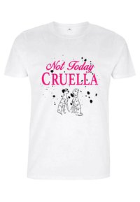 White cotton t-shirt featuring black and pink text "Not Today CRUELLA" with two illustrated dogs and black splatter accents.